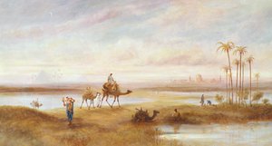 Figures and camels at an oasis